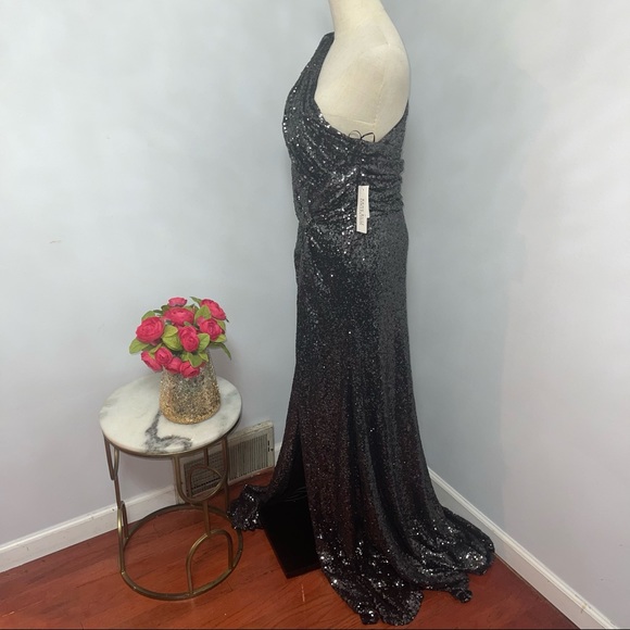 # Rene Ruiz Collection Gunmetal Color One Shoulder Sequined Gown With High Slit - Picture 14 of 16